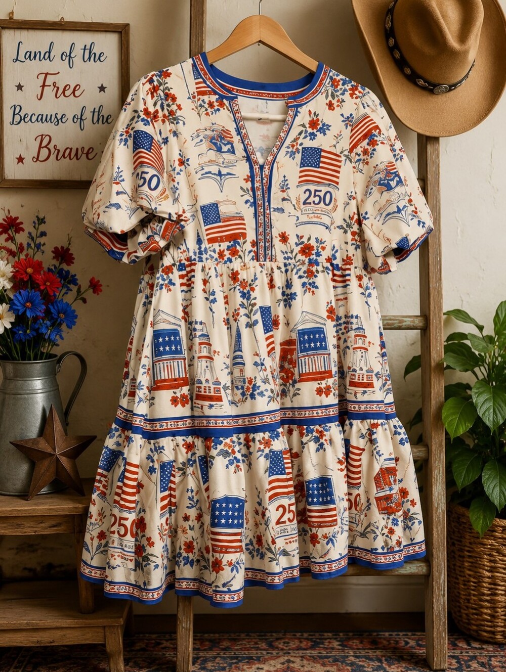 Patriotic Floral Midi Dress in Cream, Red & Blue
